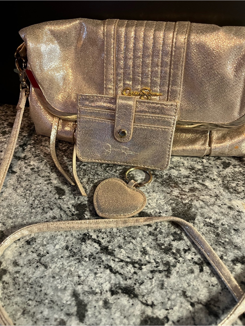 Jessica Simpson Purse Faux Leather Gold Crossbody Kiss Lock w/Accessory